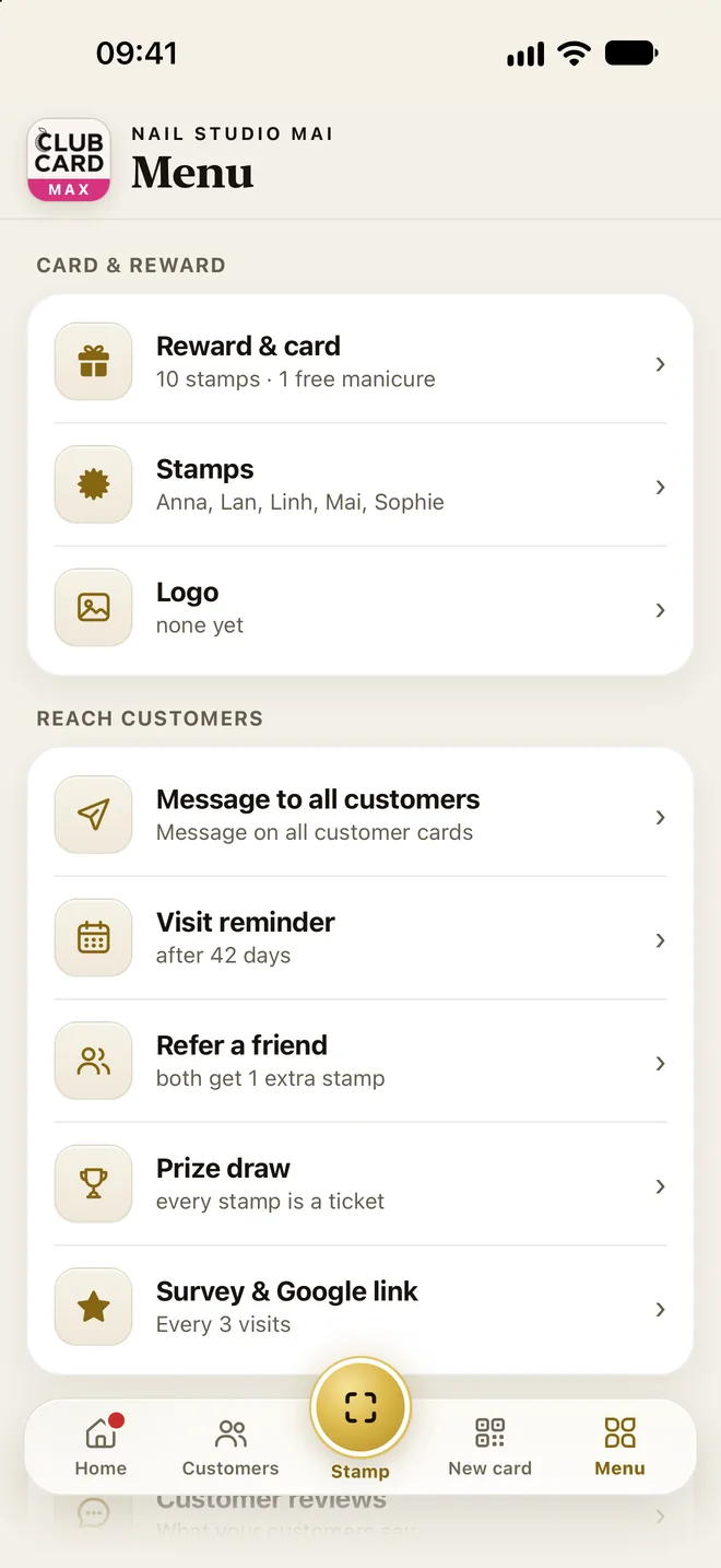 Detail from the app menu, group “Reach customers”: Message to all customers, Visit reminder after 42 days, Refer a friend, Prize draw, and Survey & Google link.